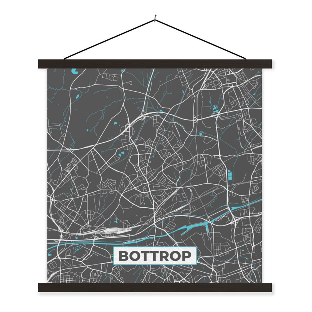 MuchoWow Textilposter Karte - Bottrop - Blau - Stadtplan - Deutschland 90x90 cm mit schwarzem Rahmen - Magnetisches