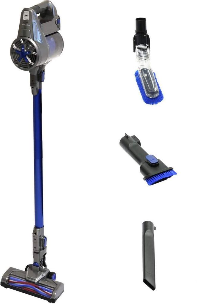A cordless stick vacuum cleaner and its attachments on a white background.