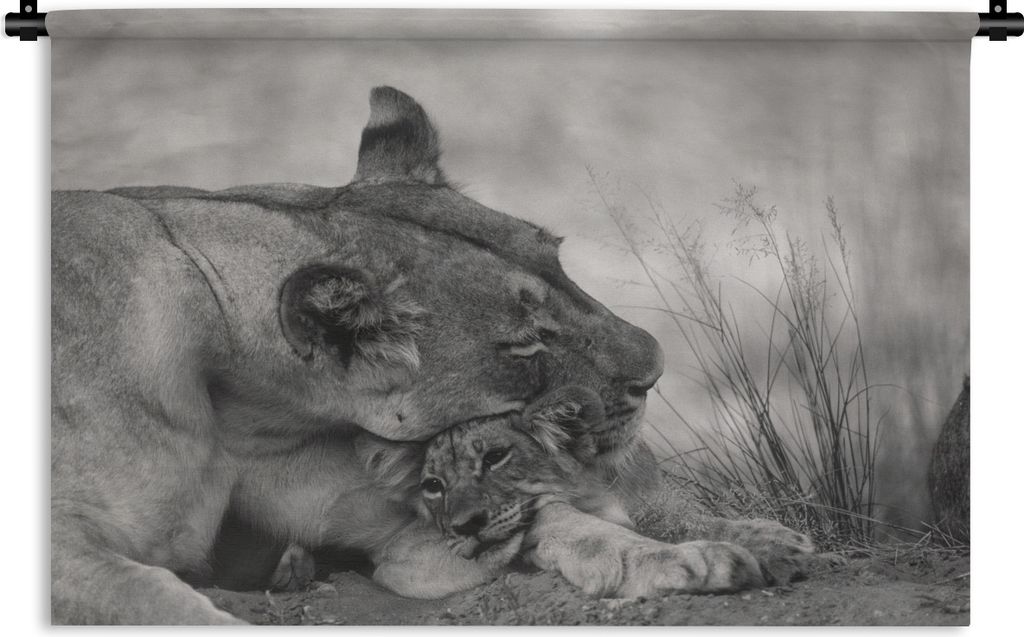 MuchoWow Wandteppich Wandbehang Löwin - Jungtier - Schwarz 90x60 cm Tapisserie Dekoration Wandtuch - Wandskulpturen - Bildteppich