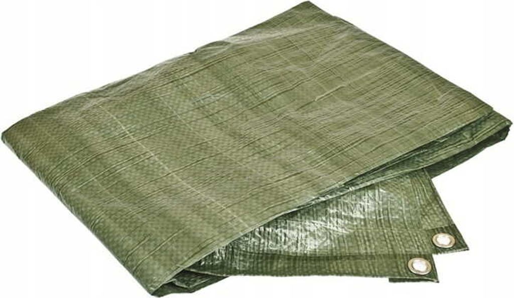 A folded green tarp is shown against a white background.