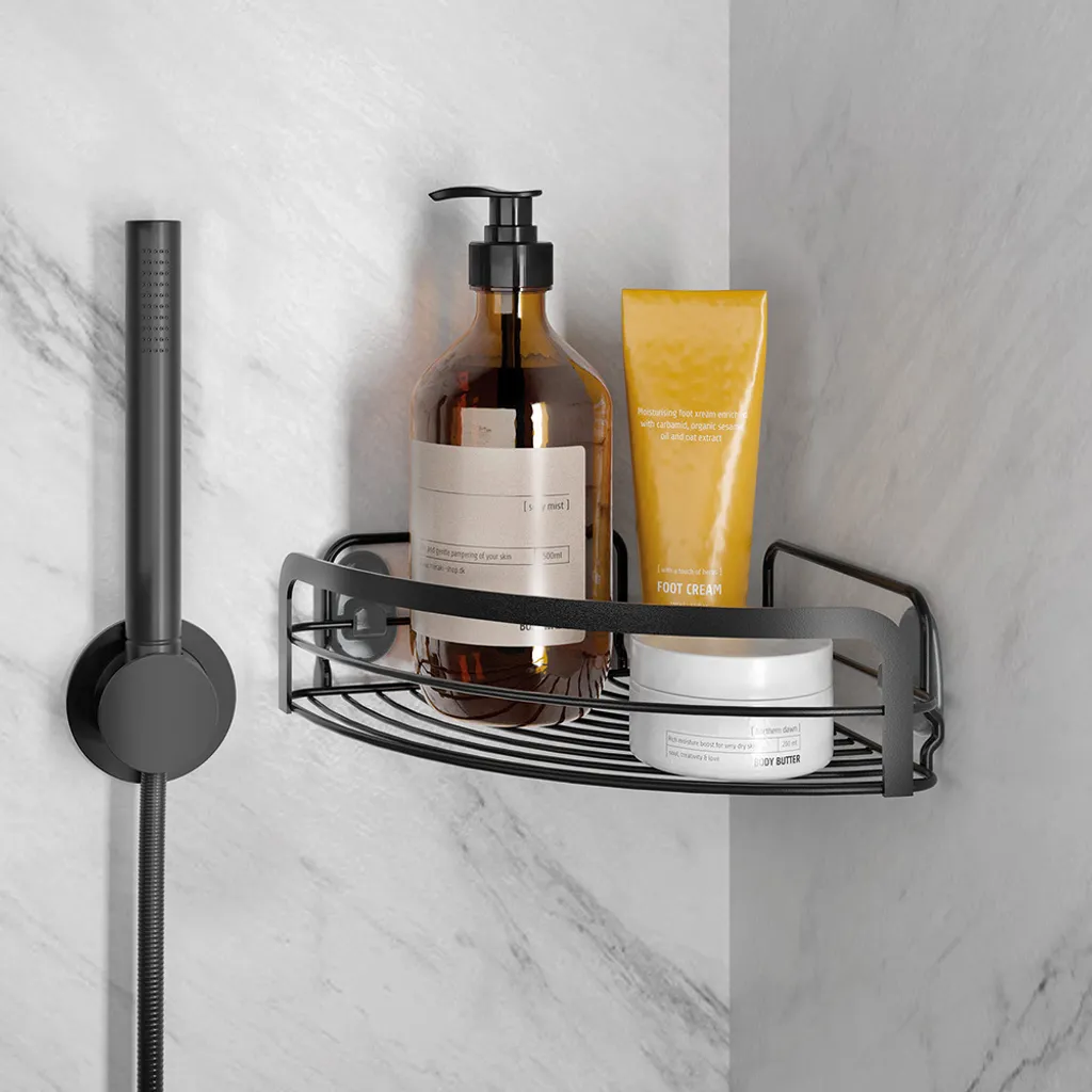 Support de douche d'angle noir pour organiser vos accessoires de bain