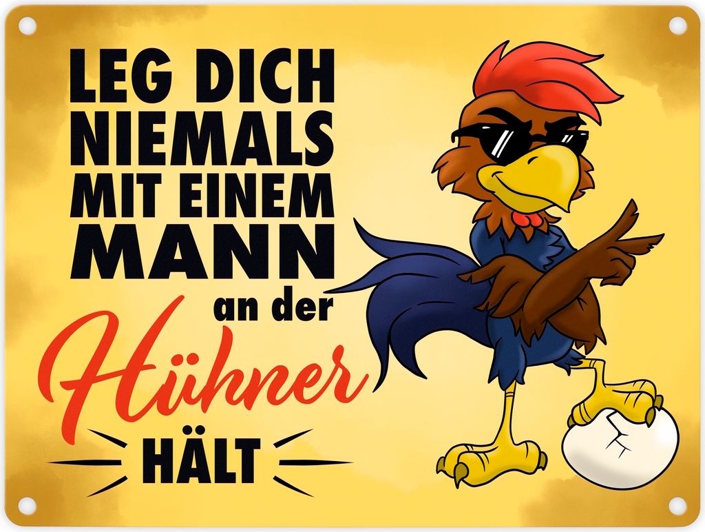 Leg dich niemals mit einem Mann an der Hühner hält Metallschild mit Cartoon-Hahn