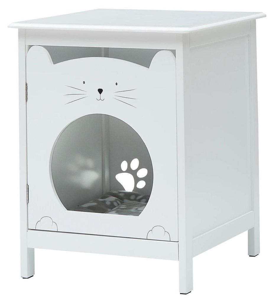 Nachttisch & Beistelltisch - Integriertes Katzenhaus - Weiches Kissen - Modernes Design - Für Wohnzimmer/Schlafzimmer - Weiß