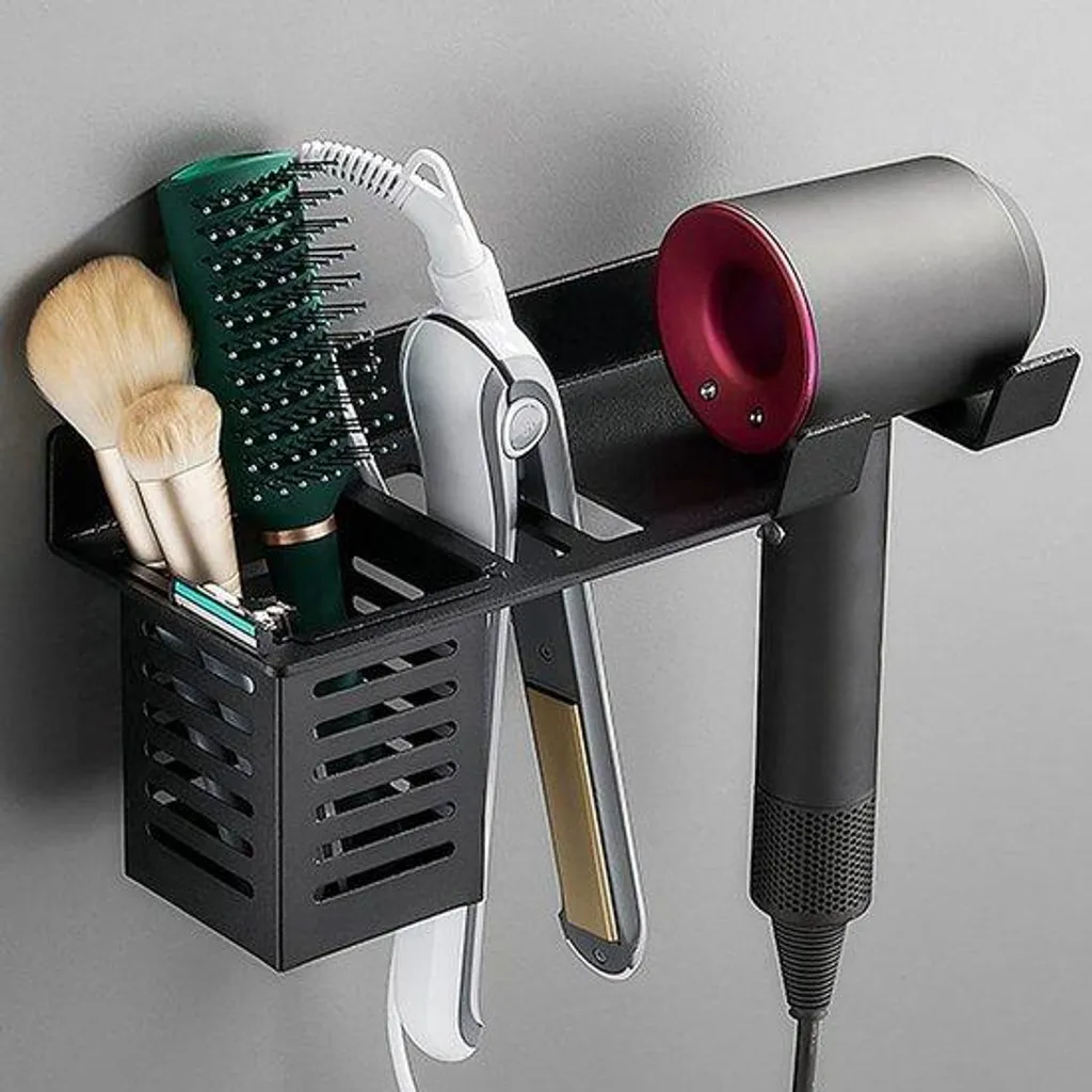 Support Sèche-Cheveux Mural en Aluminium Noir avec Tablette de Rangement