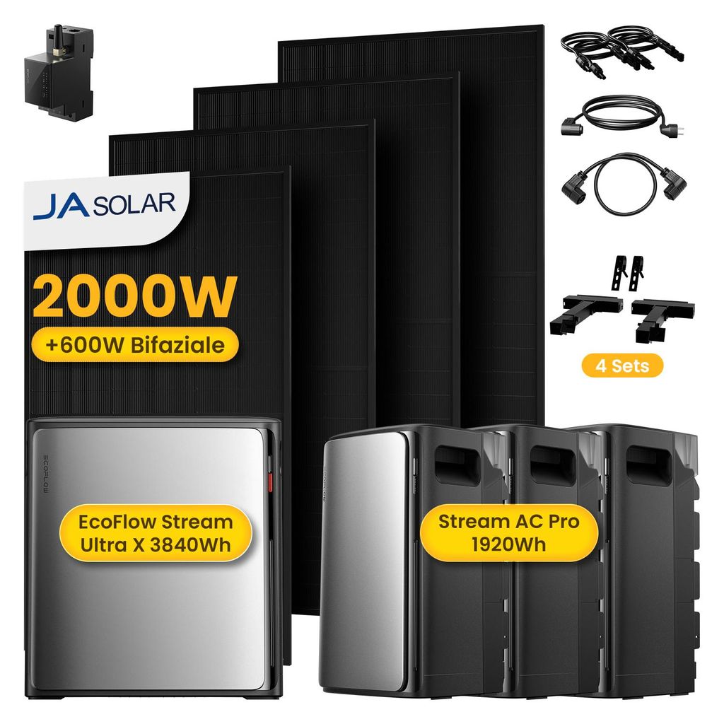 Powerness Balkonkraftwerk mit Speicher, EcoFlow STREAM Ultra X Speicher mit 3x STREAM AC Pro, 4x 500W JASolar Modulen, Smart Meter & Balkon Halte...