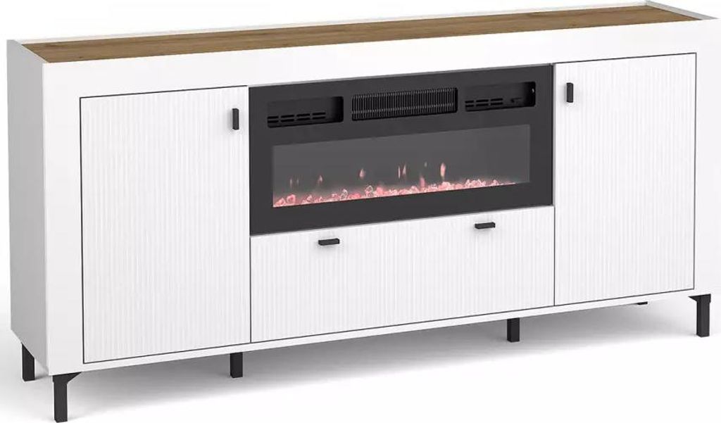 Große Kommode mit elektrischem Kamin AUROVA – Weiß/Whiskey Eiche