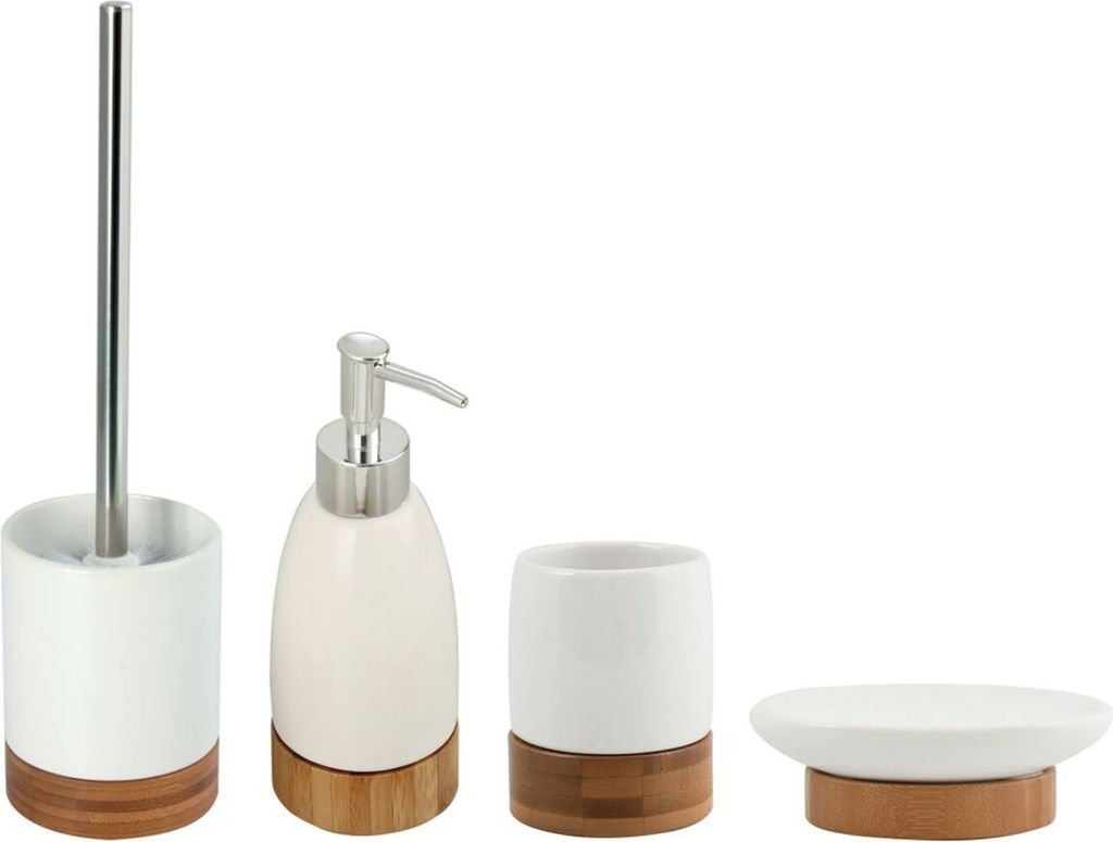 MSV Badezimmer Set, 4-teiliges Badzubehör aus Keramik und Bambus Tallinn Seifenspender, WC Bürste, Seifenschale und Zahnputzbecher Weiß