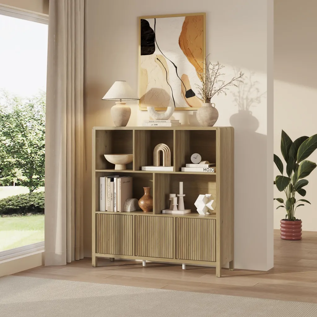 Commode haute Lukkodso buffet chêne clair 8 compartiments 102x98x30cm