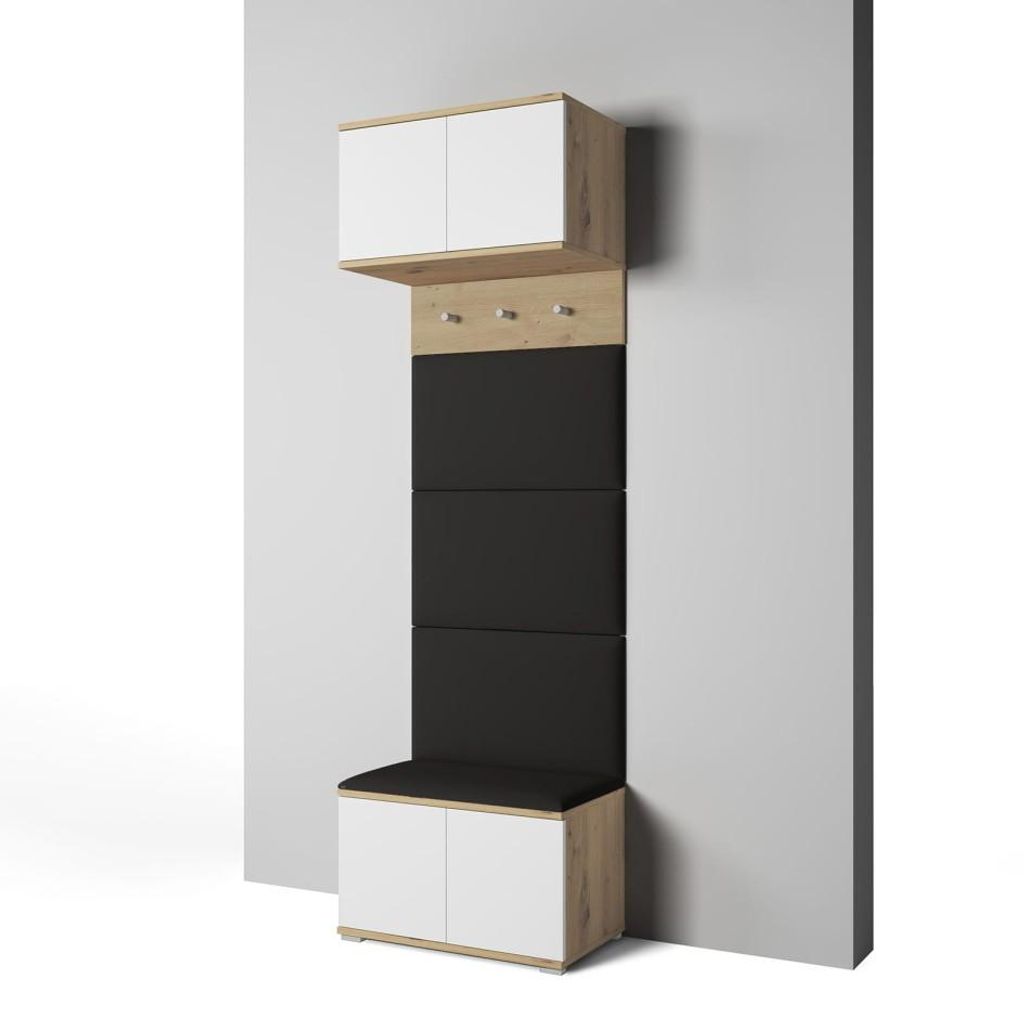 Garderoben-Set Aura Version 5: Schuhschrank mit Polsterpaneelen, Hängeschrank für Flur und Eingangsbereich (Weiß / Eiche Artisan/Trinity 16)