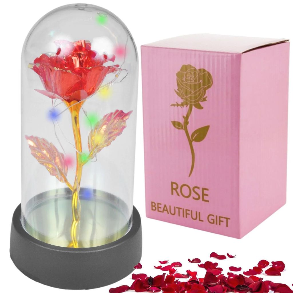 Ewige Rose Glasglocke LED Rosenlampe Leuchtrose Geschenk Valentinstag Deko Rot