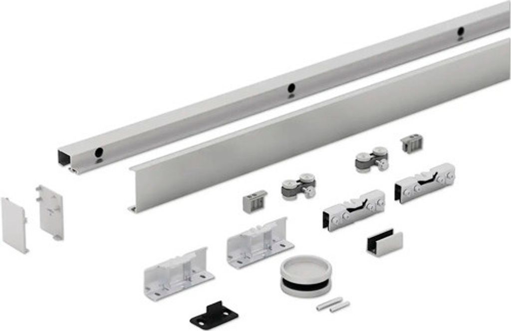 A collection of sliding door hardware components laid out on a white background.