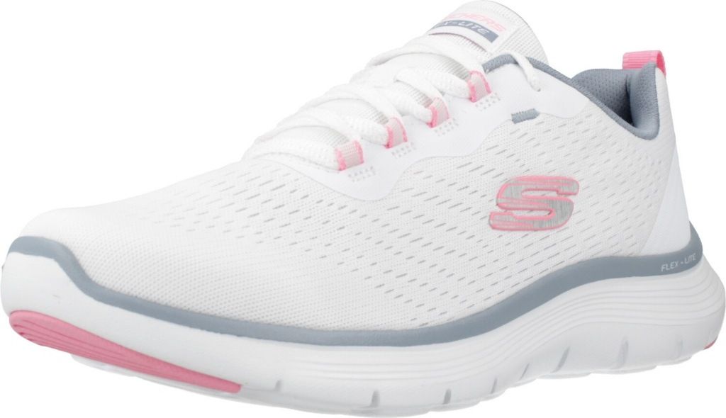 A single white athletic shoe with pink and gray accents is shown against a white background.