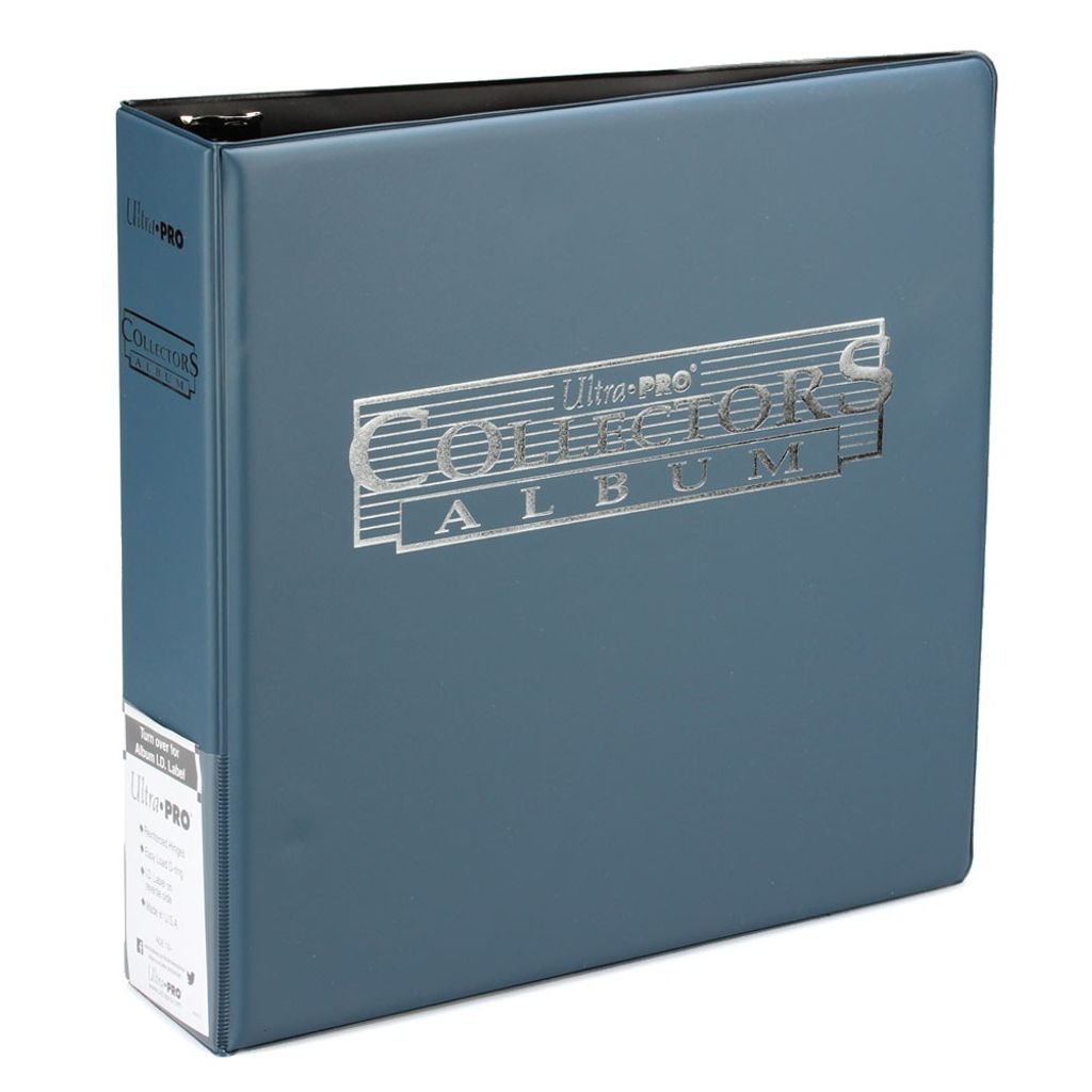 A blue binder for collecting cards.