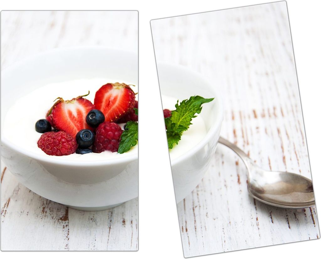Spritzschutz Herdabdeckplatte Schneidebrett aus Glas Beeren in Joghurt 2-Teilig (60x52cm)