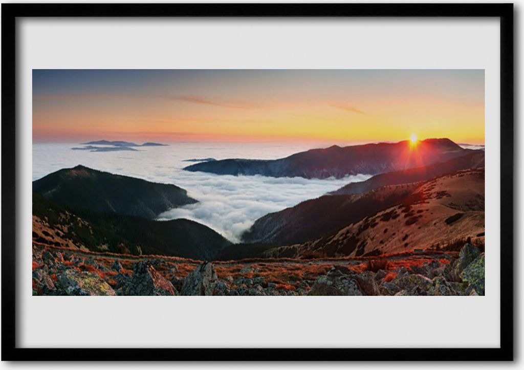 Bild 70x50 MDF-Rahmen Wandkunst Wolken Sonne Gebirge Produktbild 