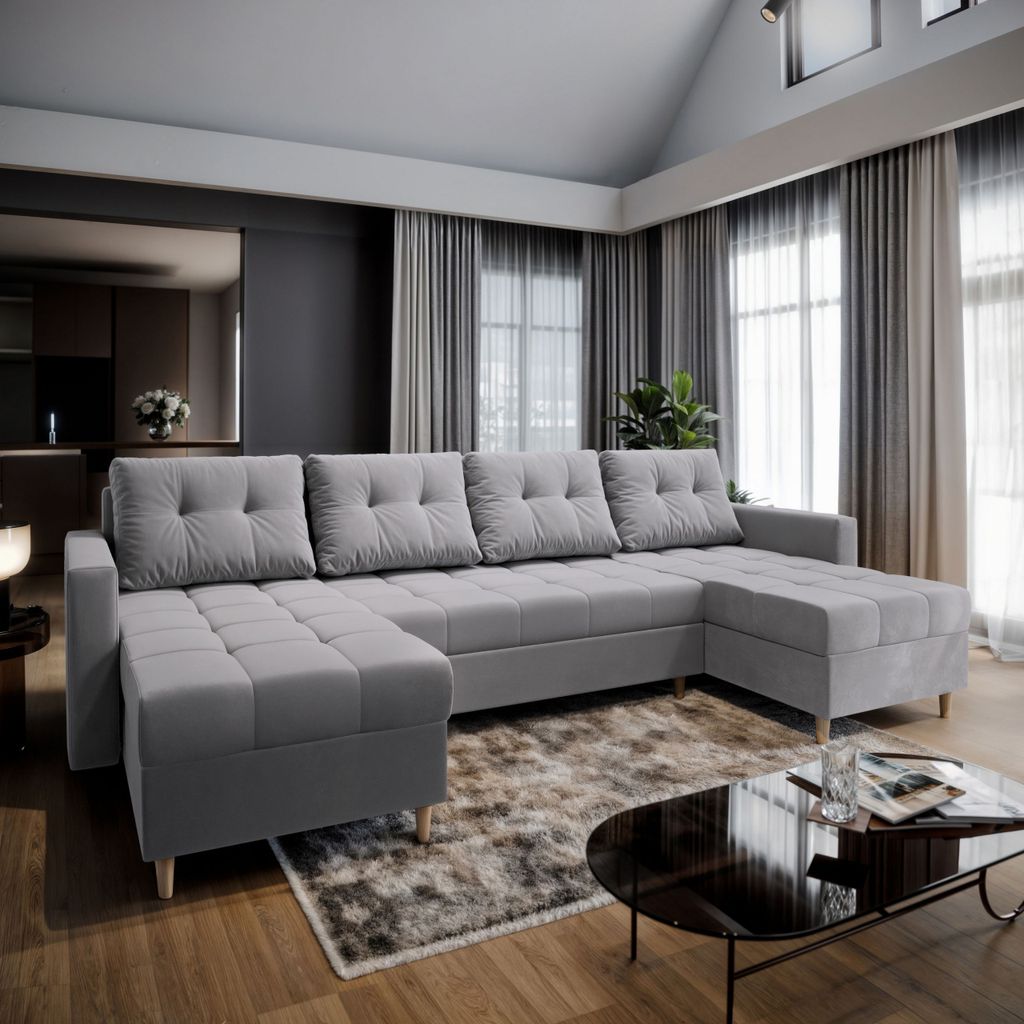 Masseno Ecksofa MILO U mit Schlaffunktion U-Form, Sofa mit Bettkasten, Wohnzimmersofa, Couch, Soffa, Bettsofa, Couchgarnitur- Hellgrau, PAROS 05