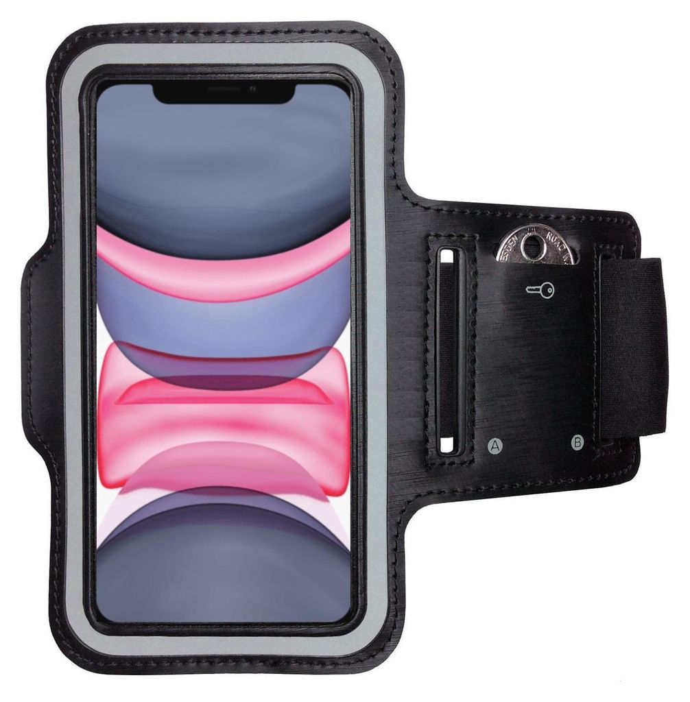 A black armband for a smartphone, with a smartphone inserted.