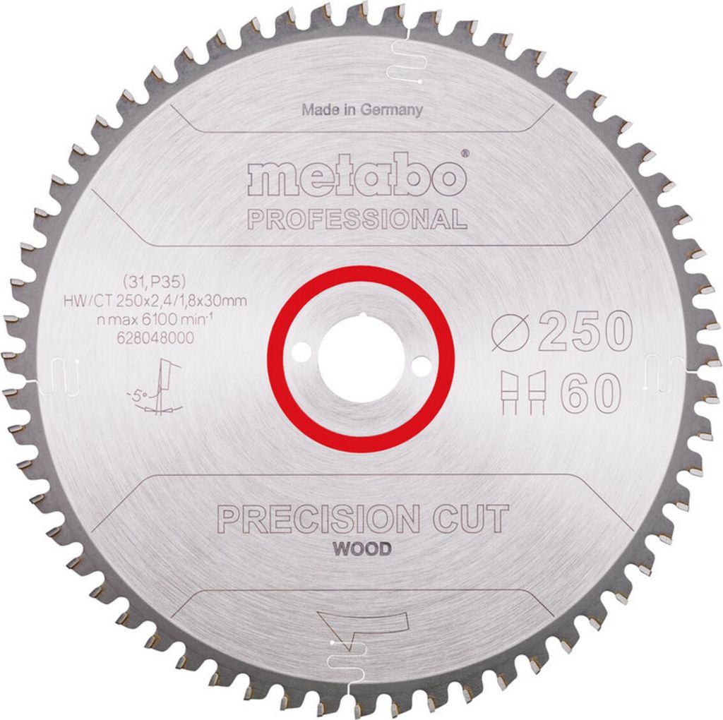 Metabo Sägeblatt precision cut wood - professional 250x2,4/1,8x30, Z60, Spanwinkel -5°, Wechselzahn