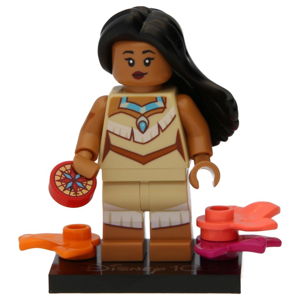 A Lego minifigure of Pocahontas is shown standing on a black display base.
