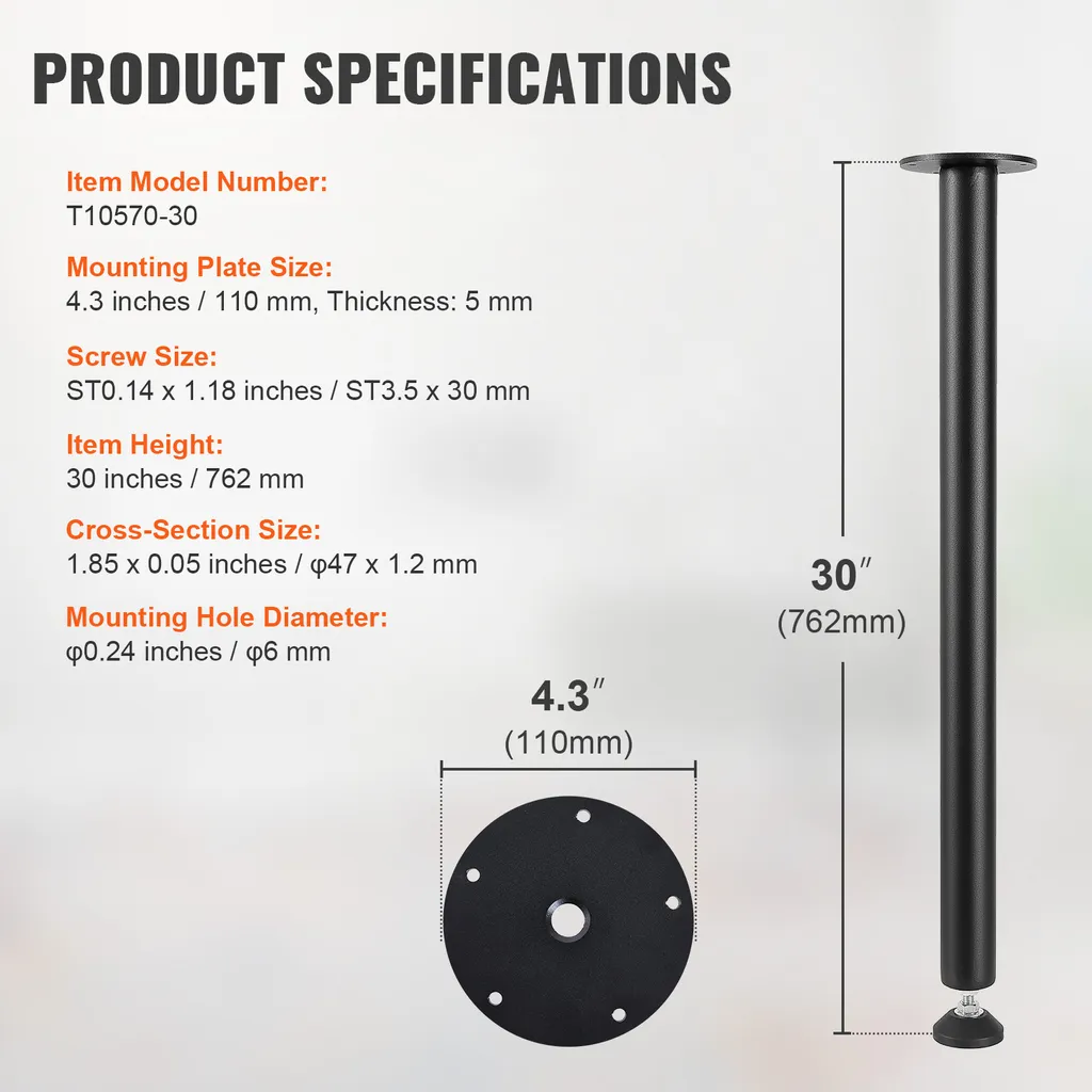 VEVOR set di 4 gambe per tavolo Corse per tavolo 762 mm di altezza 110 mm piastra di montaggio Acciaio al carbonio verniciatura a polvere nero opaco 544 kg di portata Ideale per tavoli da cucina soggiorno console tavoli da studio - 7