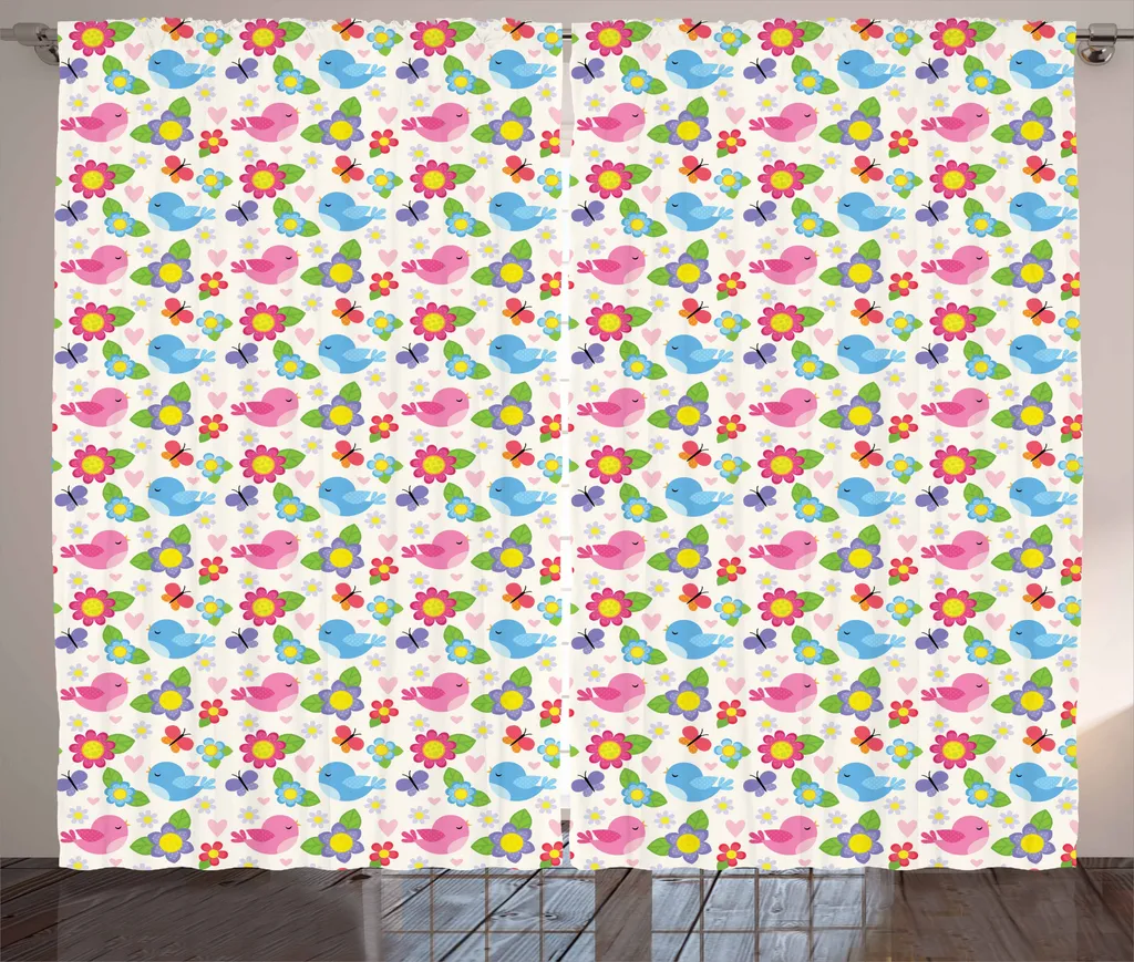 ABAKUHAUS Tenda rustica con animali, uccelli e fiori naturali, tende universali per soggiorno con passanti e ganci, 280 x 175 cm, multicolore