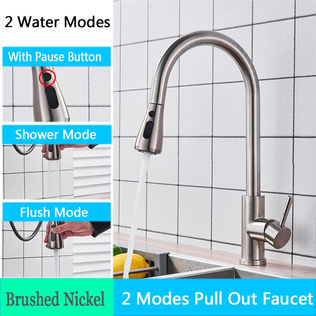 Linuode Gebürstetes Nickel Küchenarmatur Einloch Ausziehbar Auslauf Spülbecken Mischbatterie Stream Sprayer Kopf Chrom/Schwarz Mischbatterie,Nic...
