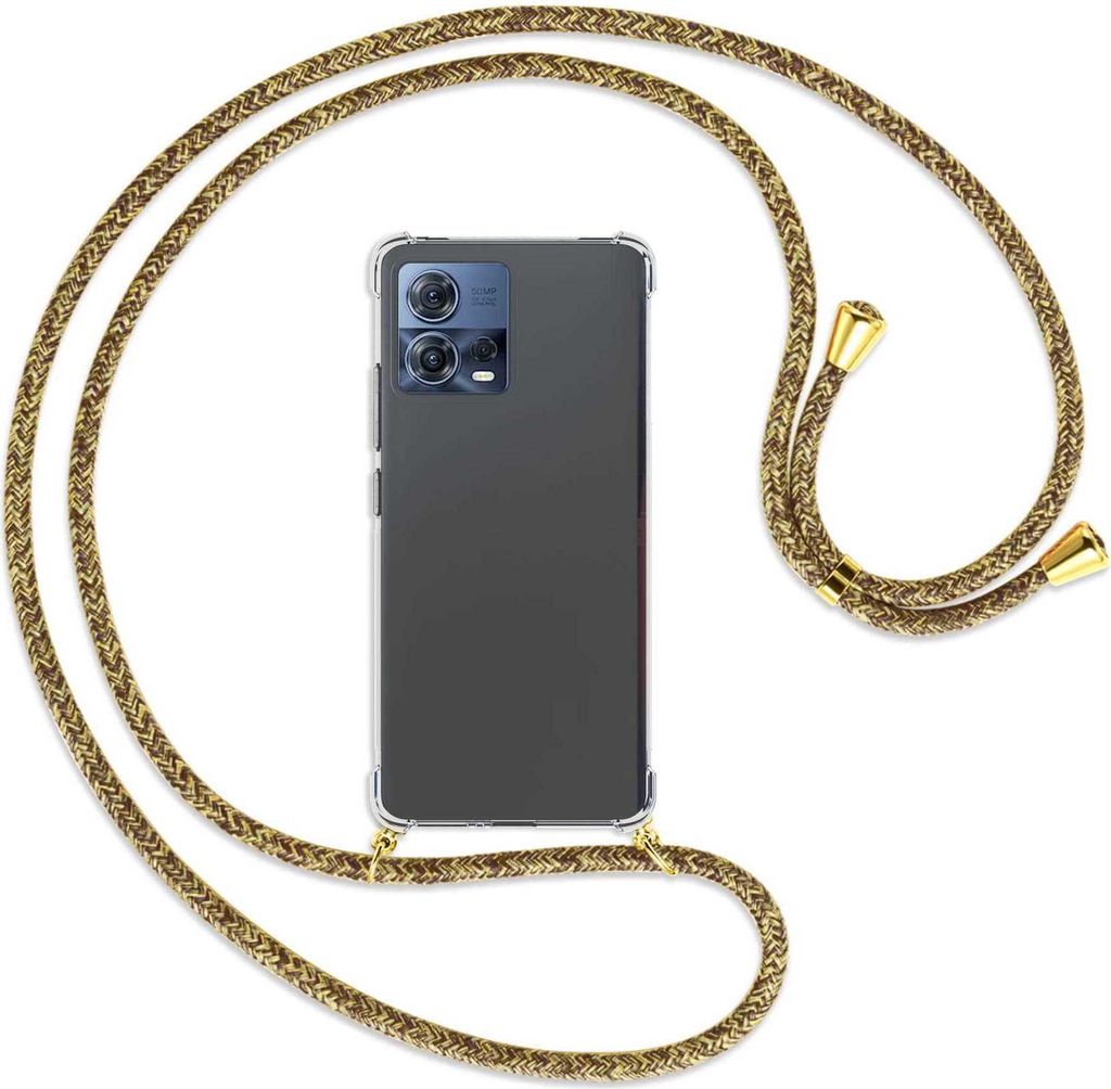 Handykette Backcover-Schutzhülle mit Band (Metall goldfarben) für Motorola Edge 30 Fusion, Moto S30 Pro - braun+beige