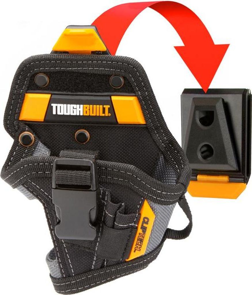 A tool holder with a clip attachment shown separately, with an arrow indicating how they connect.