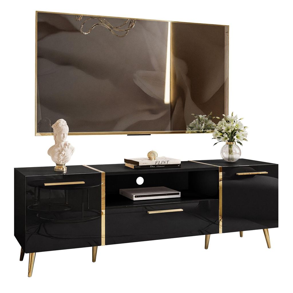 ONYX TV-Schrank auf goldenen Füßen, schwarz glänzend, 158 cm, mit Griffen