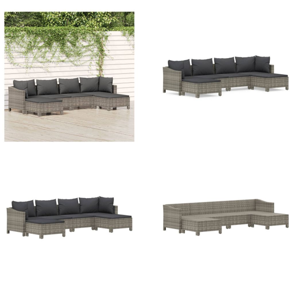 vidaXL 6 tlg. Garten Lounge Set mit Kissen Grau Poly Rattan - Garten Lounge Set - Garten Lounge Sets - Lounge Set - Gartenmöbel Set