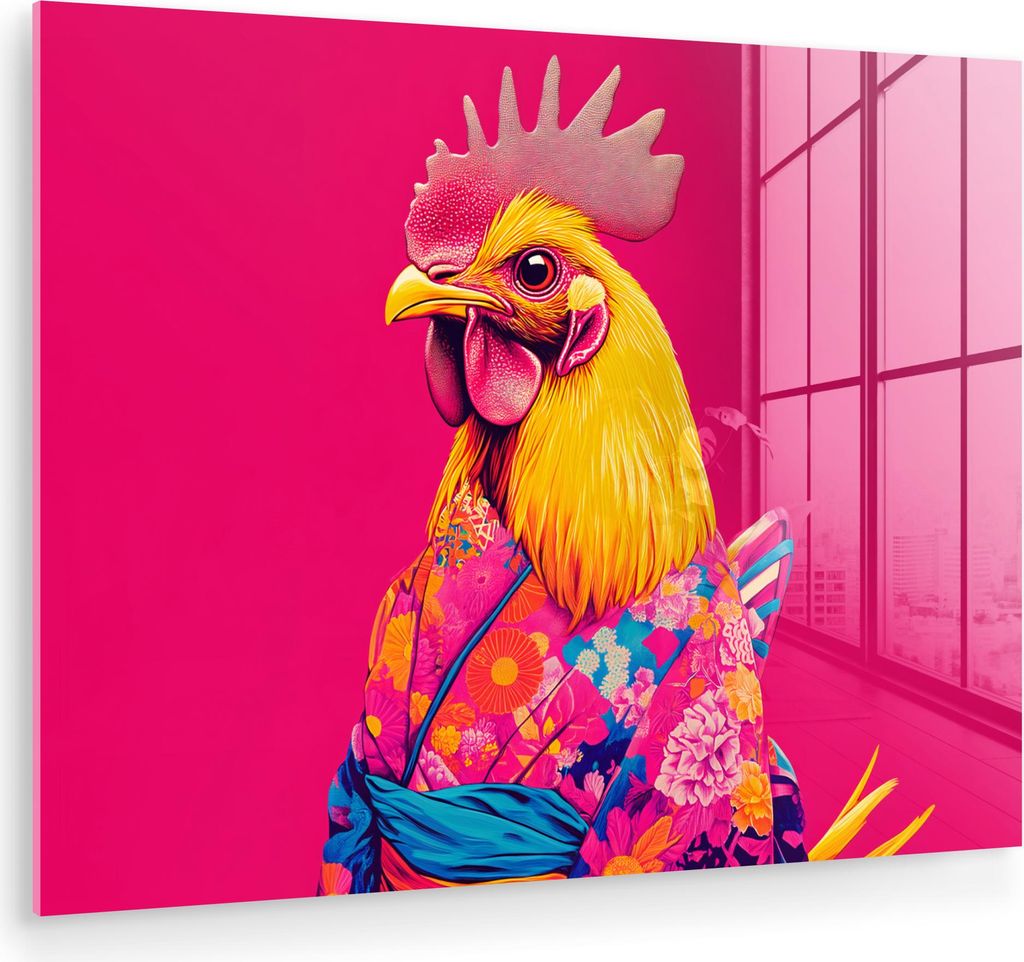 MuchoWow Glasbilder - Bilder auf Wandbild - Foto auf Glas Hahn - Bunt - Kimono - Rosa 80x60 cm Wanddekoration aus Glas - Acrylglasbild - Acrylbilde...