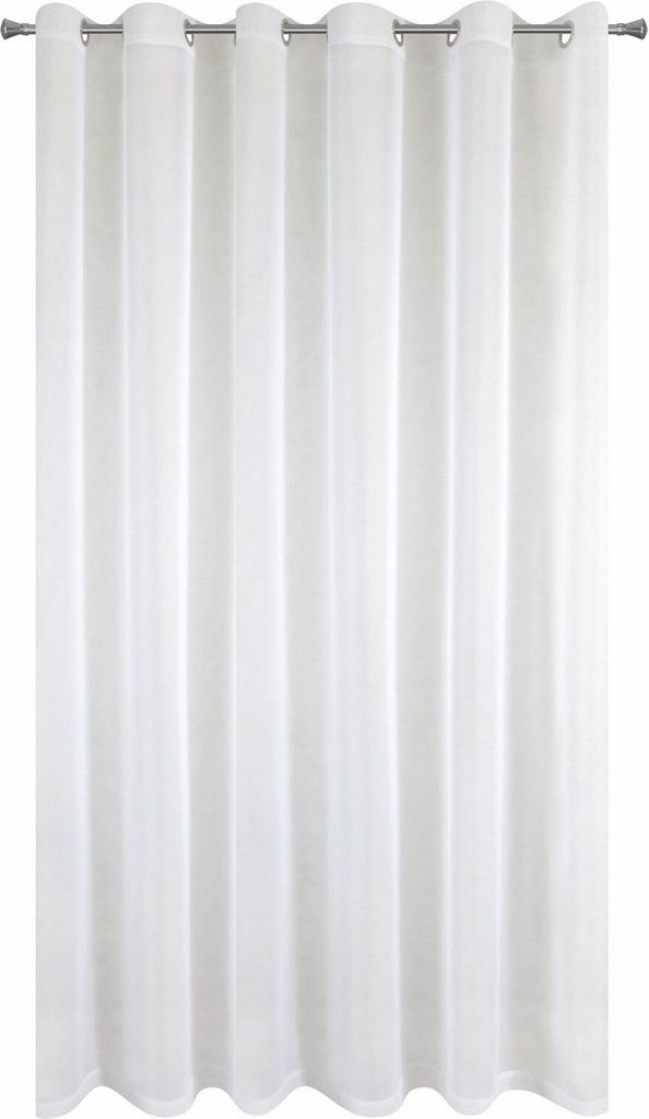 A white curtain hanging from a rod.