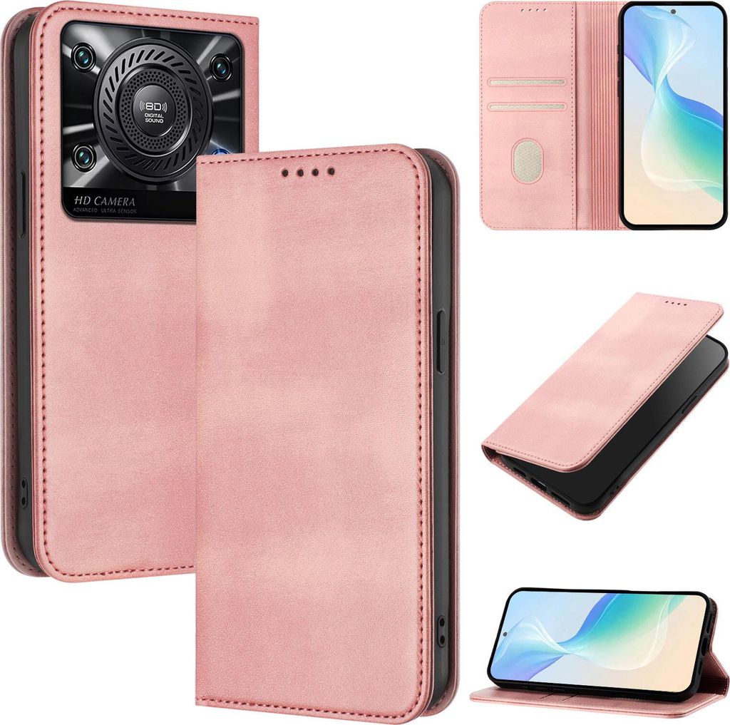 Handyhülle für Oukitel C60, Vintage Leder RFID Schutz Kartenfach Standfunktion Magnetische Klapphülle Pink