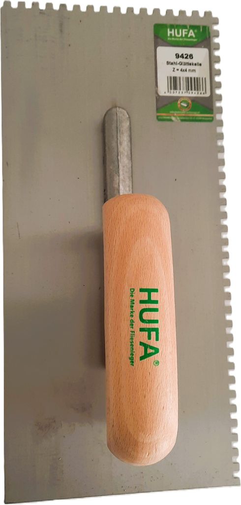 Hufa Glättekelle Stahl Holzgriff 280mm x 130mm 4x4mm gezahnt