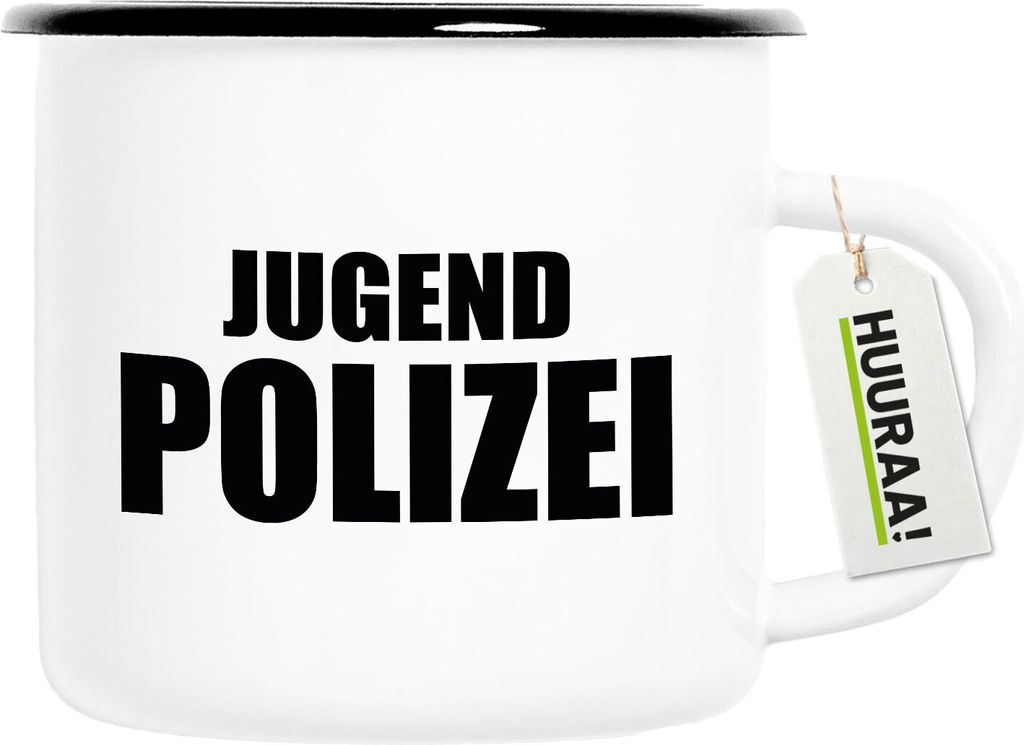 Huuraa Emaille Tasse Jugend Polizei Schriftzug 300ml Vintage Campingbecher Geschenkidee