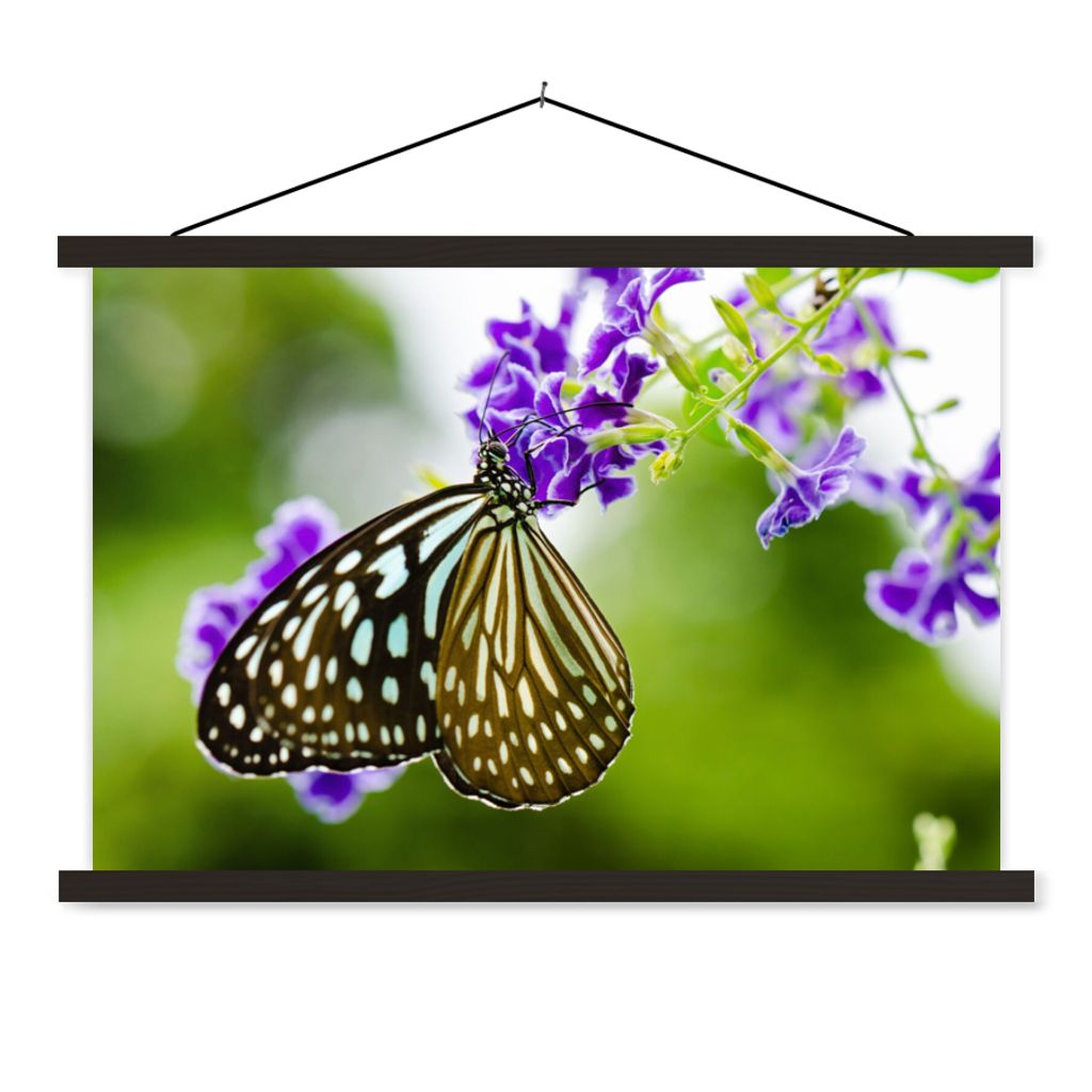 MuchoWow Textilposter Lavendel - Schmetterling - Botanisch 120x80 cm mit schwarzem Rahmen - Wanddeko