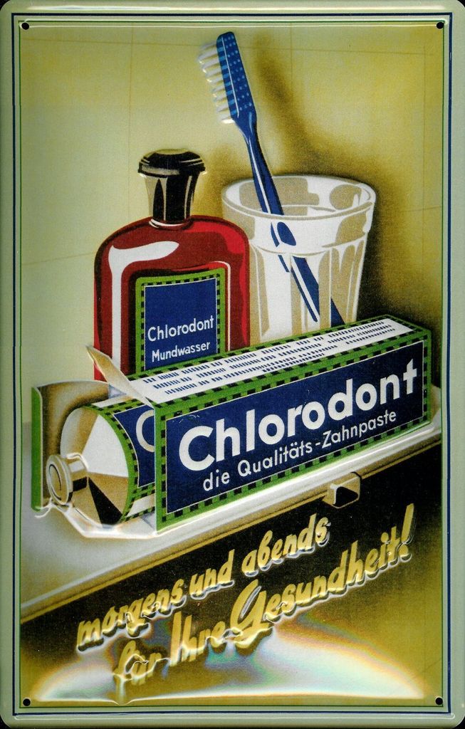 Blechschild Chlorodont Mundwasser Zahnpasta DDR VEB Produktbild