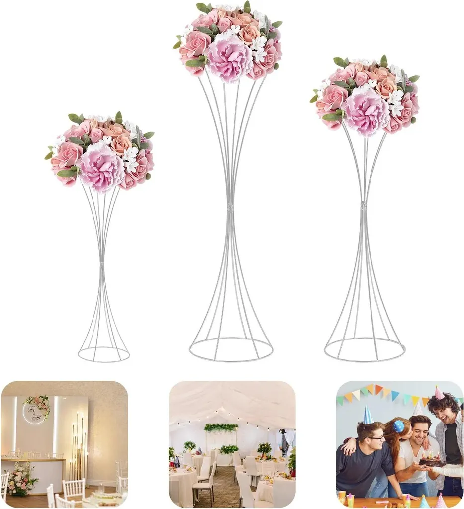 Support de Fleurs Stable en Fer Argent pour Événements et Mariages Lot 3