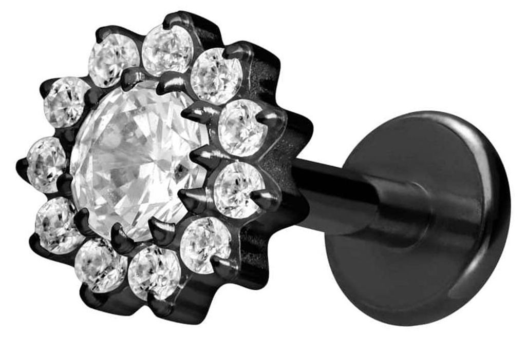 Ohrpiercing, Nasenpiercing Titan Labret mit Innengewinde KRISTALLBLUME Schwarz Stablänge: 6mm | Stabstärke: 1,2mm