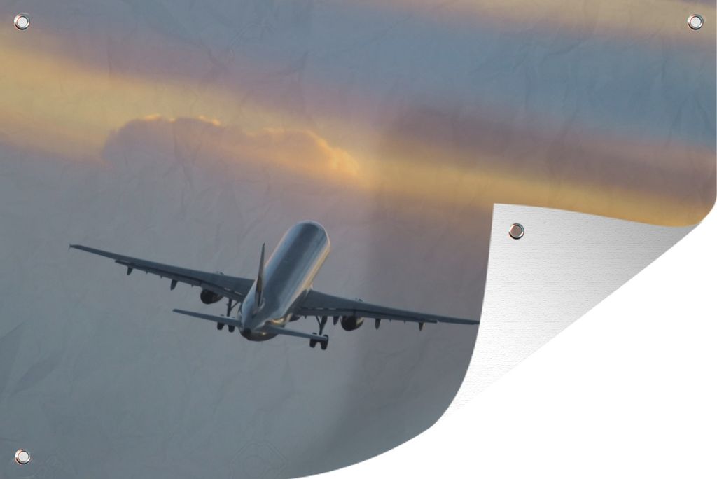 MuchoWow 120x80 cm Outdoor-Poster Gartendeko Sichtschutz Garten Poster für den Garten Flugzeug fliegt dem Sonnenuntergang entgegen