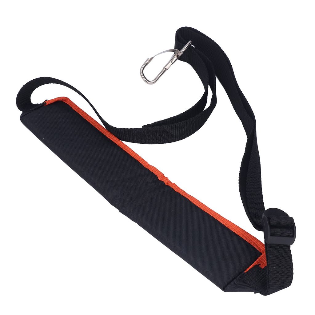 A black and orange shoulder strap with a metal clip, isolated on a white background.