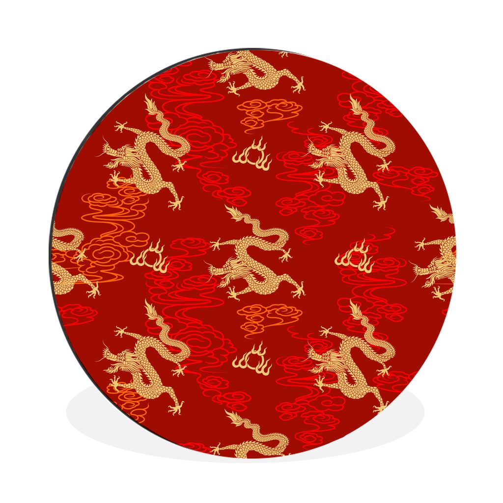MuchoWow Aluminium Wandkreis Orientalisches Muster Chinesische Drachen auf rotem Hintergrund Ø 90 cm Wanddeko Modern Wohnzimmer - Mauerkreis - W...