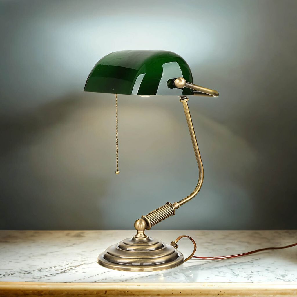 Bankerlampe Messing Glas 37, 5 cm E27 massiv Handarbeit Premium Tischleuchte Schreibtischlamp