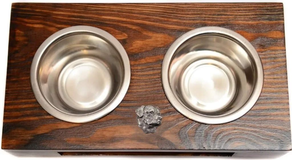Rottweiler II - Supporto in legno con ciotole per cani, ciotole in acciaio inossidabile, regalo per l'adozione di un cane del marchio Art-Dog
