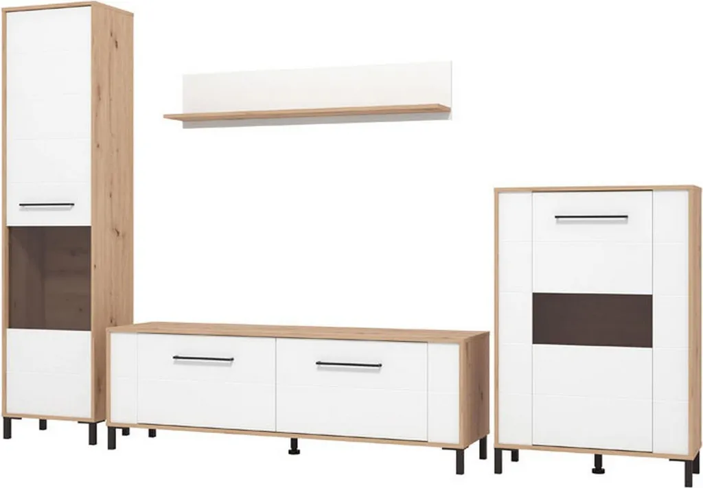 Grand Meuble de Rangement Mural 299cm Blanc Mat pour Salon Organisé