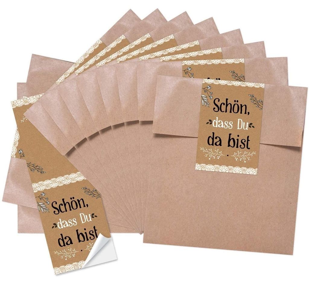 25 kleine braune Papiertütchen (13 x 18 cm) + 25 Banderolen (5 x 15 cm) DANKE rot graue HERZEN - Geschenktüten give-aways Mitgebsel Verpackung al...