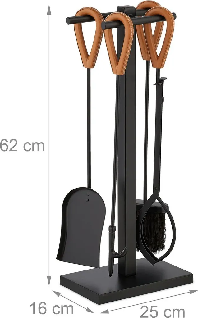 Ustensiles de cheminée en métal noir et cuir véritable, pack de 4