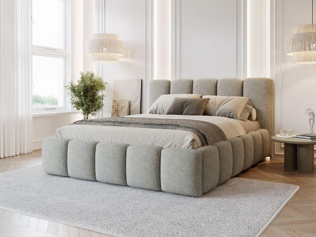 FurniDe24 Polsterbett Venus 140x200 cm - Bett 140x200, Polsterbett mit Bettkasten & Lattenrost - Bouclé-Stoff - Bett Grau (Quelle 83)