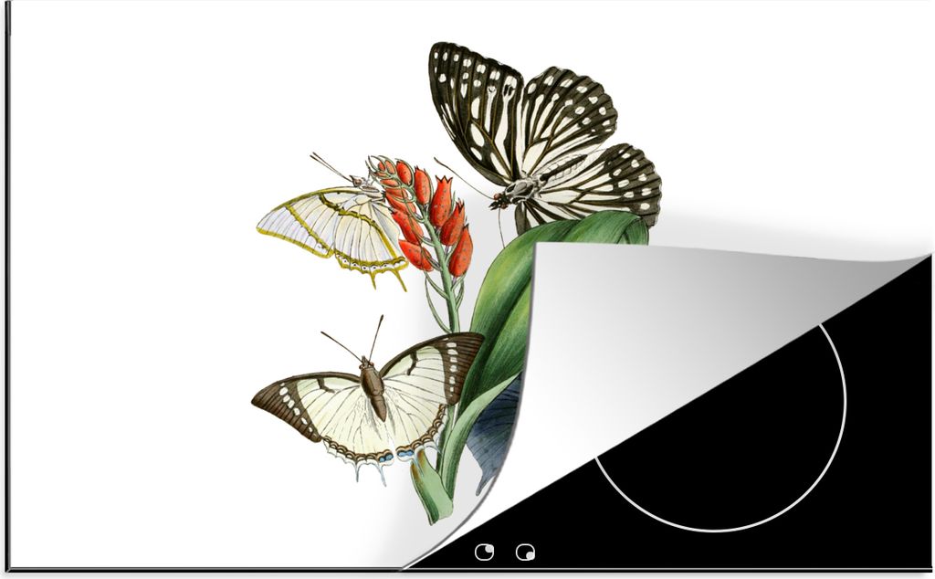 KitchenYeah Herdabdeckplatte Blumen - Schmetterling - Weiß , 80x52cm, Küche Deko, Glaskeramikkochfeld Herdabdeckung, Abdeckplatte fùr Kochfeld