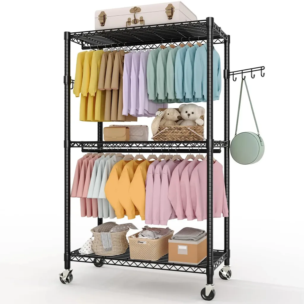 Portemanteau sur Pied en Acier Noir avec 2 Tringles et Étagères de Rangement